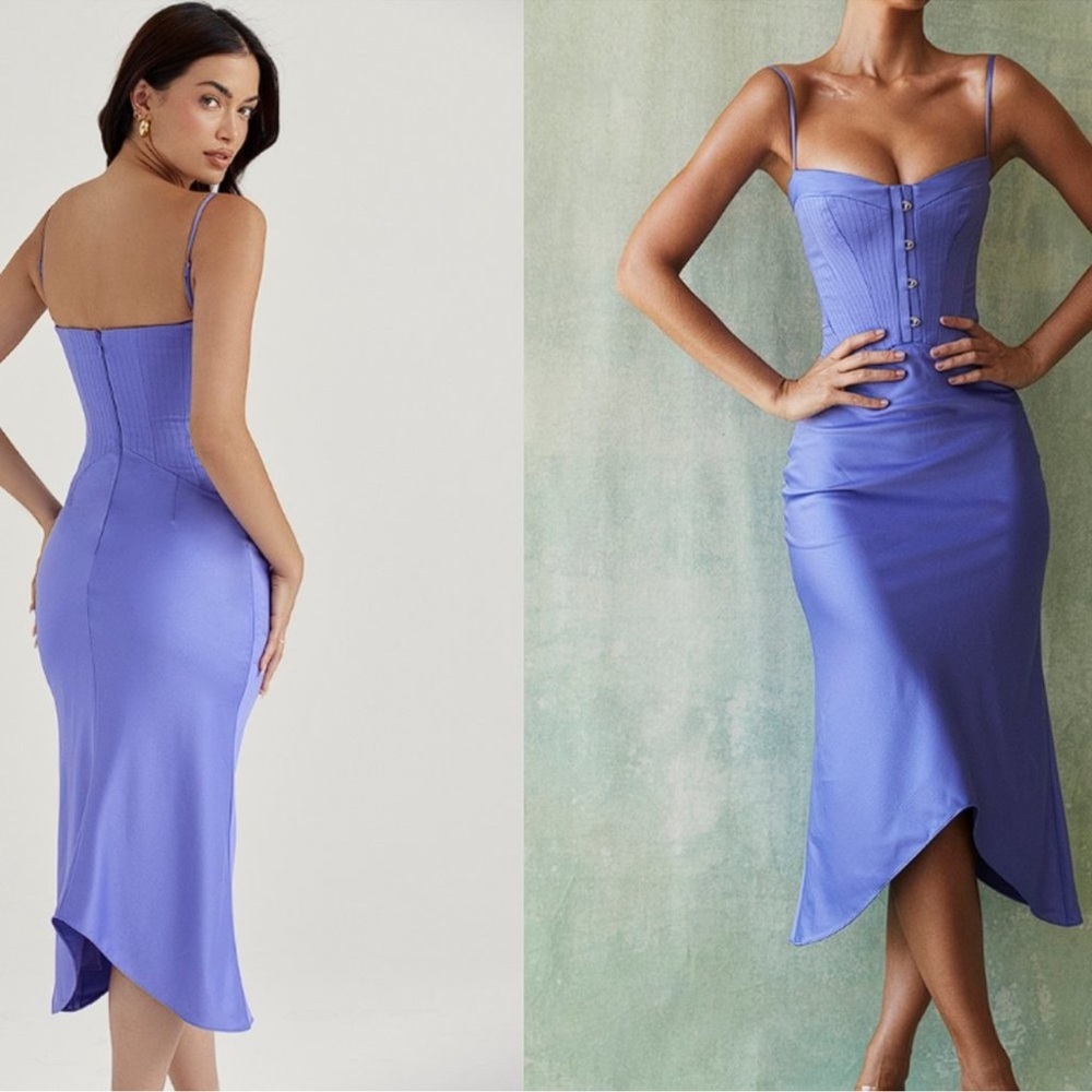 NWOT HOUSE OF CB 'Imogen' Periwinkle Satin Corset Midi Dress sz M - Picture 2 of 7